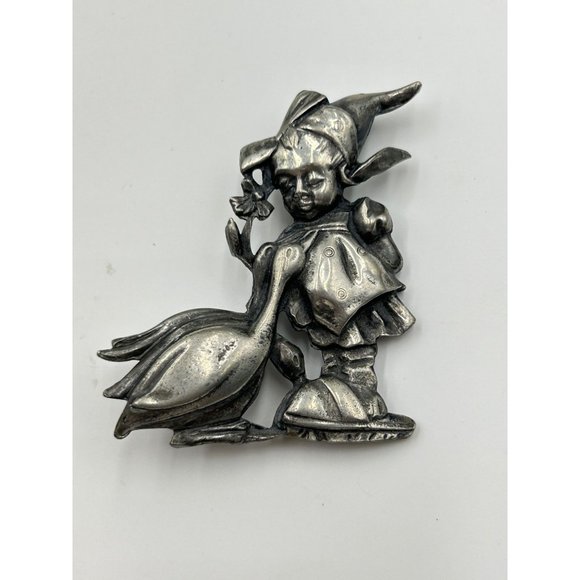 Vintage SILSON UNSIGNED Girl Goose Brooch Hummel Inspired Silver Tone Book Piece - Picture 2 of 6